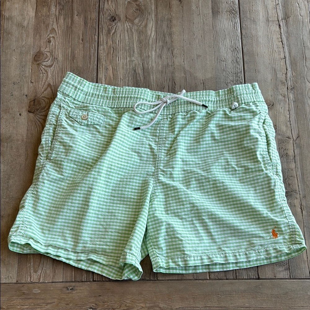 VINTAGE Polo Ralph Lauren Green Gingham Swim Trunks